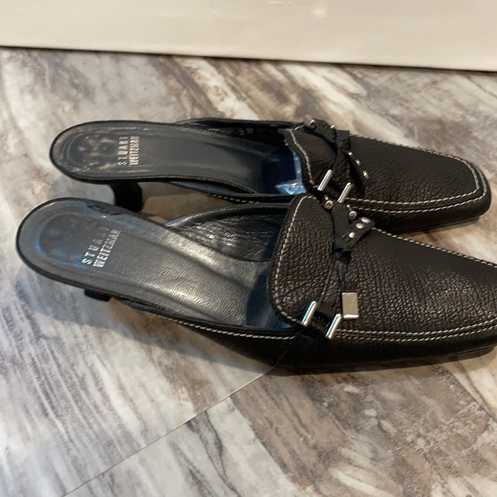 Stuart Weitzman Slip Square Toe Kitten Heel Mules - image 1